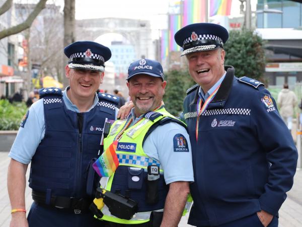 Inspector Peter Cooper, Sergeant Don Munro and District Commander John Price happy to support Christchurch Pride Week. 