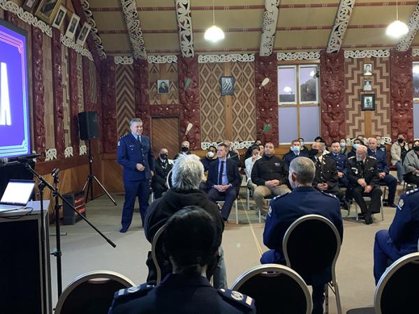 Inspector Rob Rutene speaking during the pōwhiri at Waiwhetu Marae.
