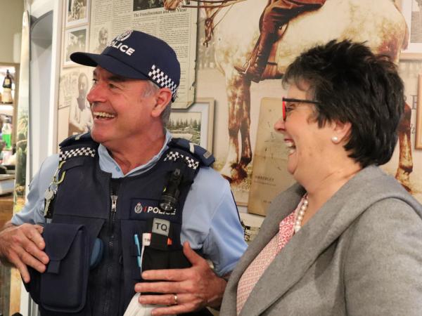 Senior Constable Tony Maw and Hurunui Mayor Marie Black share a laugh. 