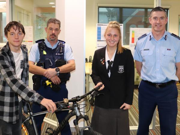 From left: Josh, Constable Mike Cornelius, Jaymee Davies and Commissioner Andrew Coster.