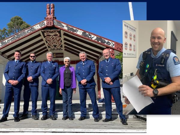 Tākaka staff at Onetahua Marae in Pohara, Golden Bay and an inset photo of Constable Brenton Edwards. 