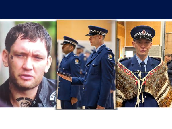 Shaq Stirling dressed as a gang member for a role on Shortland Street, and in his new career as a police officer.