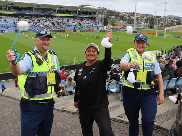 Wā Poi: Senior Constable Darron Goodwin, Youth worker Karen Poutai-Struginski and School Community Officer Marion Evans get into