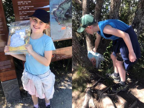 Izette and Reinhardt re-hide the books they found in the Gisborne botanical gardens on the summit of Mt Manganui.