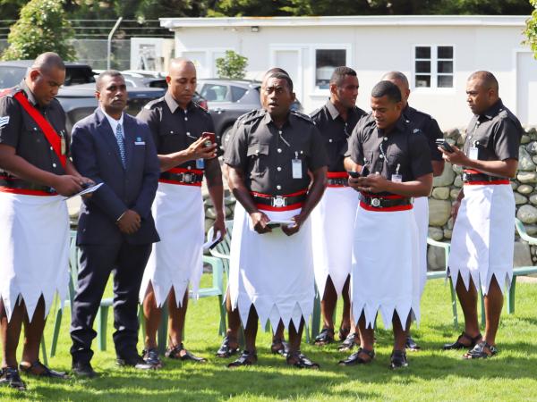 Group shot of the Fijian Police singing at the pōwhiri.
