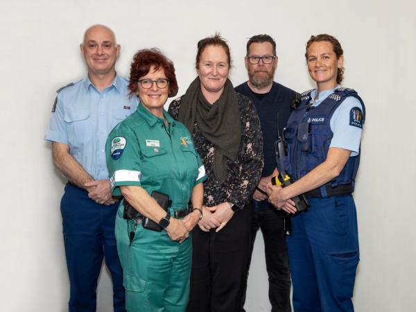 Acting Inspector Matthew Morris, Paramedic Chris Galvin, CCDHB DAO Deidre Laban, Sergeant Jim Dunlop and Sergeant Theresa Willia