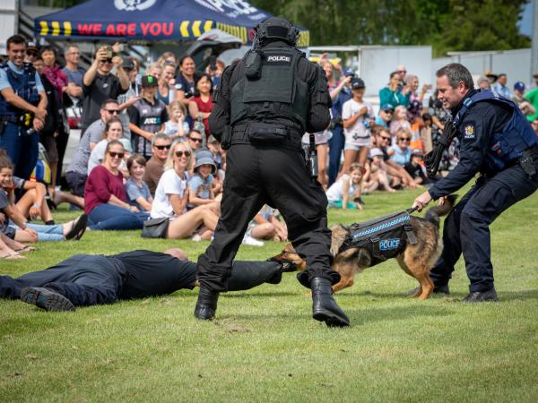 The police dog and AOS display in front of a large crowd.