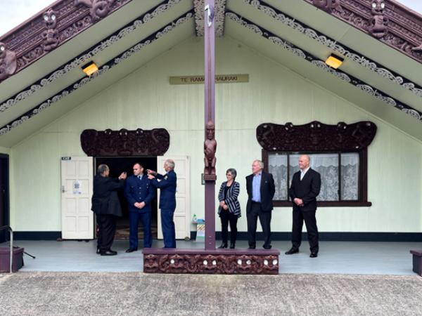 Inspector Michael Henwood being presented with his Inspector epaulettes by Waikato District Commander Bruce Bird and Te Puna Hau