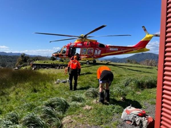 The helicopter landing at Crosbies Hut.