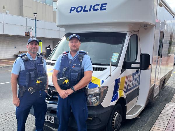 Hutt Valley's Senior Constable Paul Bascand and Constable Jack Coote with the Mobile Police Base.