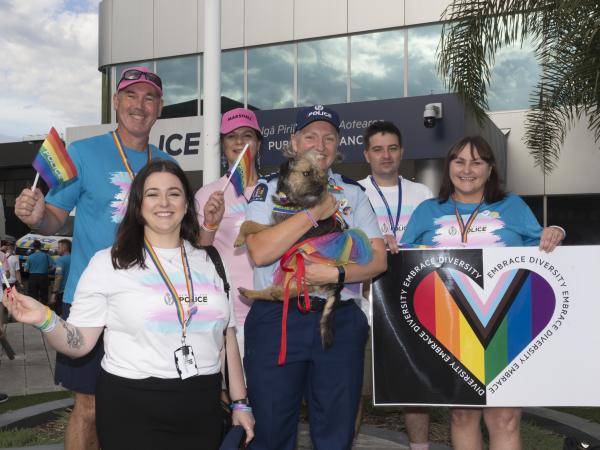 All heart - some of the parading Police staff pictured outside Auckland Central Police Station.