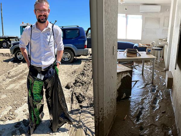 No gumboots, no problem - Hein Eksteen improvises at Hawkes Bay Dog Base. Right: the damage inside the base.