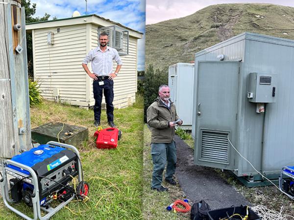 DSE Hein Eksteen, left, and DSE Warren Meekin at two of the radio sites impacted by the cyclone. 