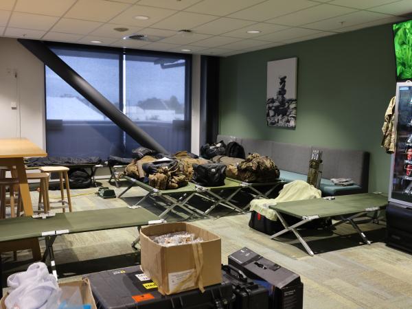 The Hastings Police Station meal room set up as a bunk room for Army personnel.