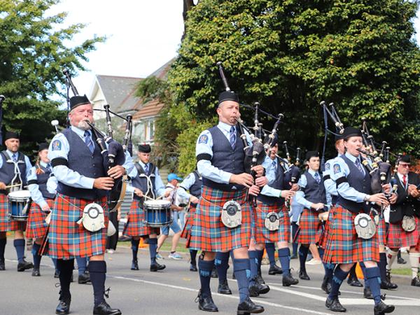 The New Zealand Police Pipe Band in the street march.
