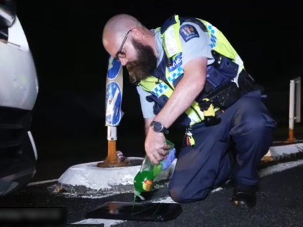 Constable Adrian Bentley kneeling on the floor squeezing washing up liquid on the back of a tray.