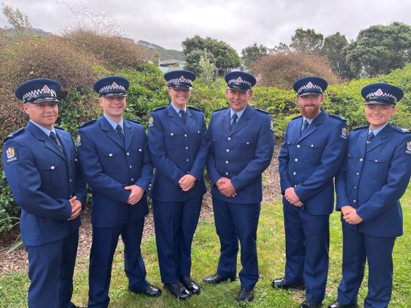 L-R: Cons Dean Naude, Jithran Pohl and Linda Nienaber; RNZPC Senior Sergeant Eric Thom; Cons Scott Abbott and Brooke McIntyre.