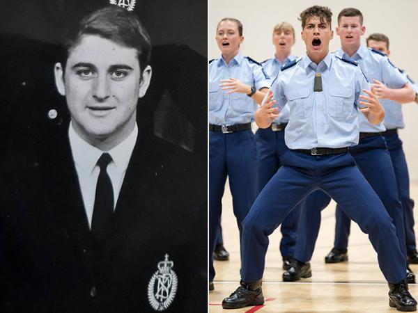 Noah Haerewa’s poppa Barry Smith pictured at his graduation in 1964 and grandson Noah Haerewa during Wing 364's haka.