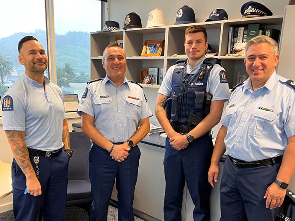 Constable Jacob Samuel with his Tairāwhiti leaders on his first day in the job - 13 February 2023.
