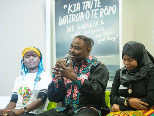 Taking part in the Social Cohesion meeting, from left: Ketina Chivasa from Zimbabwe, Francois Kayembe from Congo, and Asya Abeid