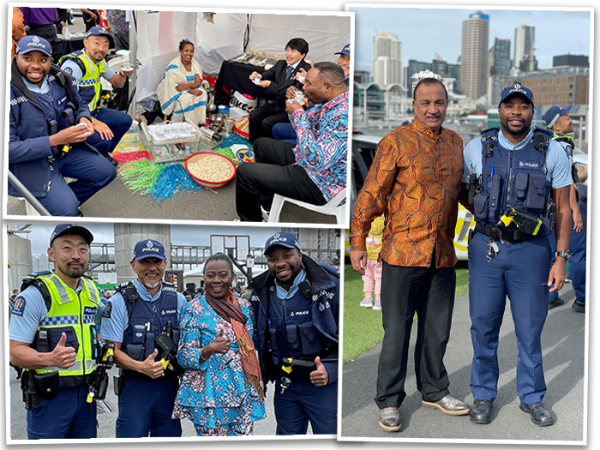 Photos of police staff celebrating Africa Day with members of the public. 