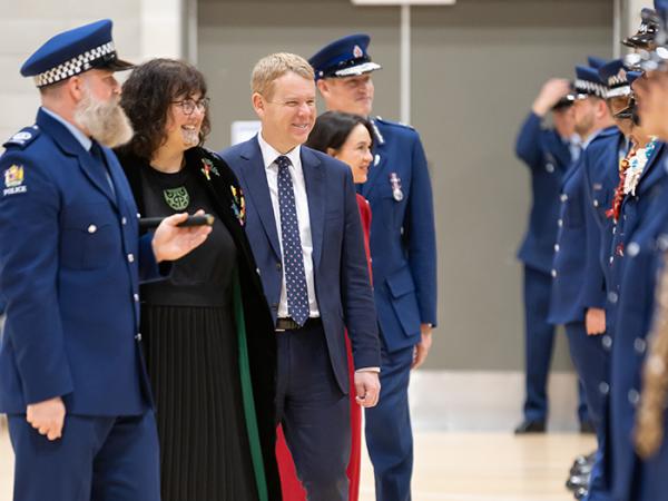 Patron Keriana Brooking, Prime Minister Chris Hipkins, Police Minister Ginny Andersen and Commissioner Coster inspect the wing.