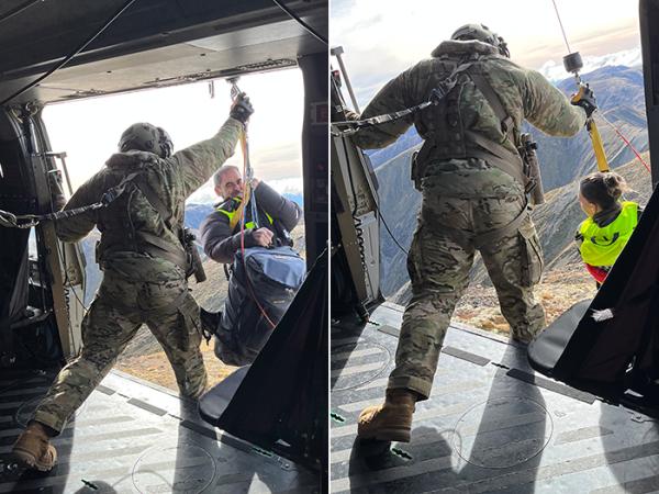 Members of Hawke's Bay Police SAR team being winched out over Kaweka Ranges.