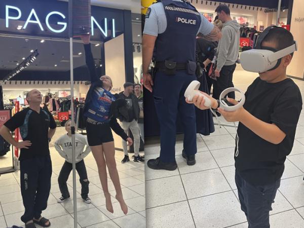 Children using the VR headset and trying the jump test.