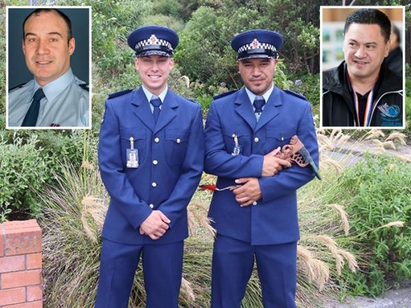 Constables Cameron Walker (left) and Te Pukenui, with Clint Walker (inset, left) and Asher Hauwaho (inset, right).
