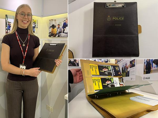 Piper Sercombe and her Police-specific stationery folder.