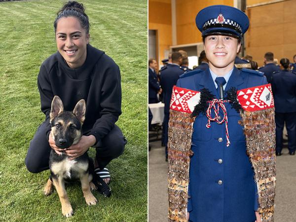 Two photos - one of Constable Iritana Hohaia with her namesake police puppy and the other on the day of her Police graduation.