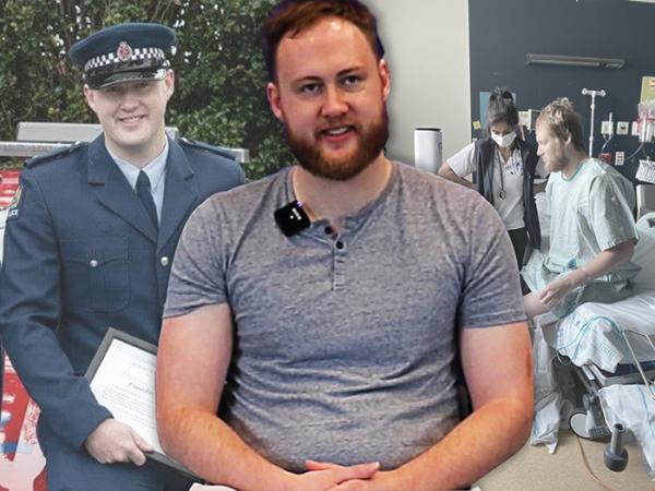 Photos of Constable Zane Wienk in uniform, in hospital after the crash and today. 