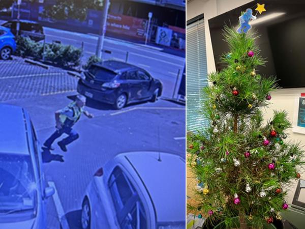 Inspector Wayne ‘Kitch’ Kitcher in action, as immortalised on the station's CCTV and Christmas tree.