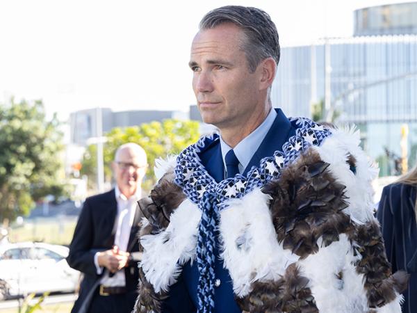 Superintendent Shanan Gray in uniform wearing a korowai.