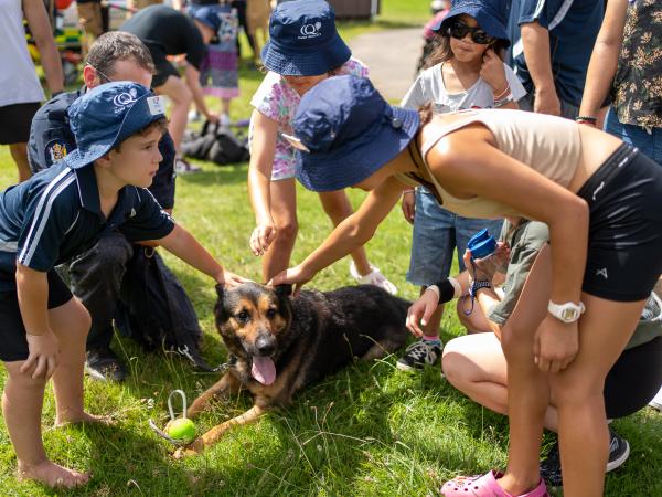Police dog Delta laying patiently on the grass as several children give her pats. 