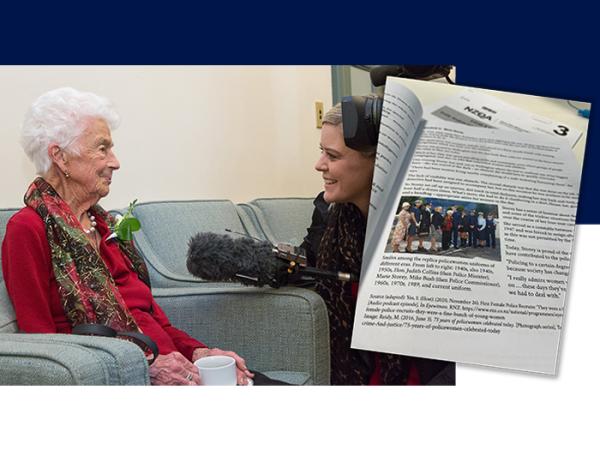 Marie Storey being interviewed at the time of the 75th anniversary of women in policing - and as she appeared in the NCEA paper.