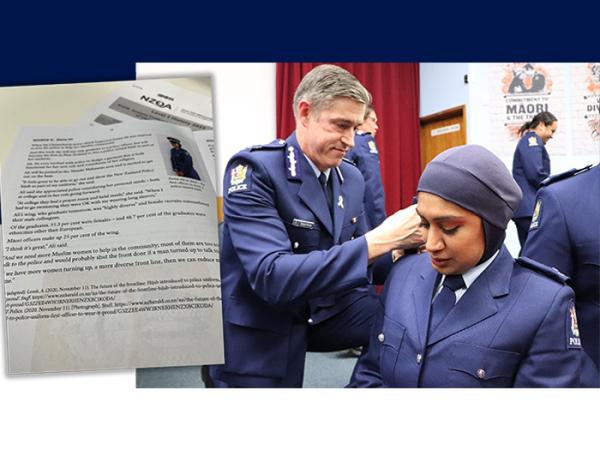 Commissioner Andew Coster with Constable Zeena Ali at her attestation - and Zeena's NCEA page.