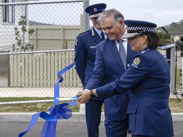 Superintendent Kelly Ryan and Minister Mitchell cutting the ribbon to open the brand-new training facility.