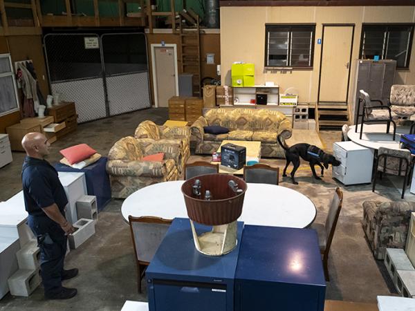 Wide shot of a detector dog training scenario in a makeshift lounge. 