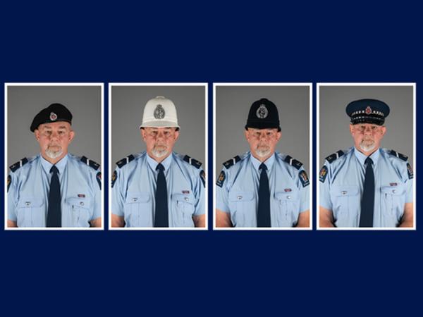 A man of many hats: Senior Constable Garry Bombay - cadet, daytime patrolling, nighttime patrolling and present day.