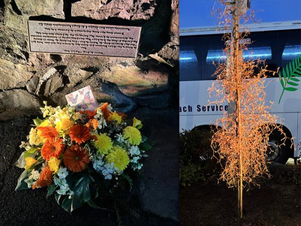The plaque and tree.