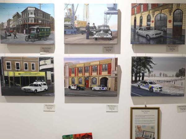 Paintings by retired police officer Roly Hermans.