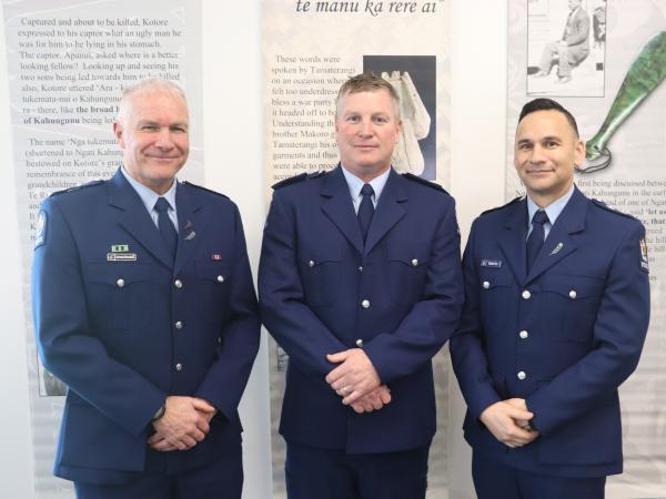 Senior Sergeant Scott Leighton, centre, with acting Eastern District Commander Lincoln Sycamore and acting Tairāwhiti Area Comma