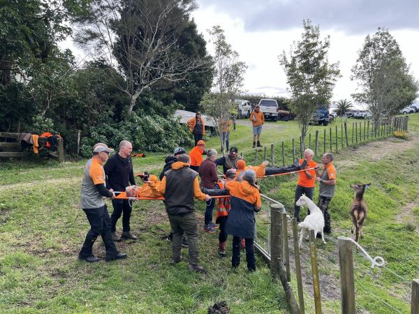 A stretcher carry challenge, with interested livestock.