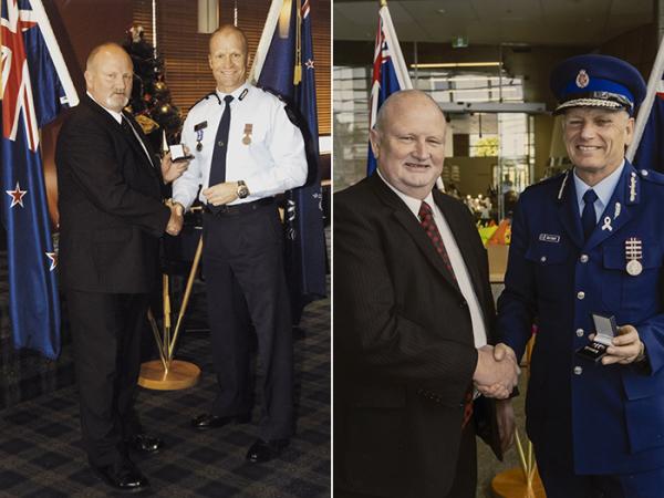 Don receives his 35 year (left) and 42 year (right) long service and good conduct medals.