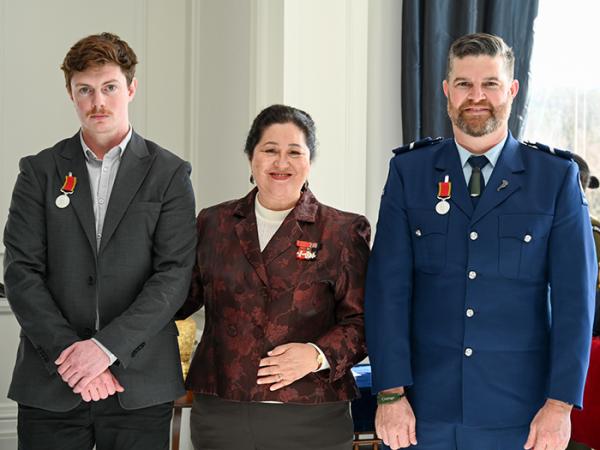 Jeremy Lee and Senior Constable Ben Whitley with Governor-General Dame Cindy Kiro.