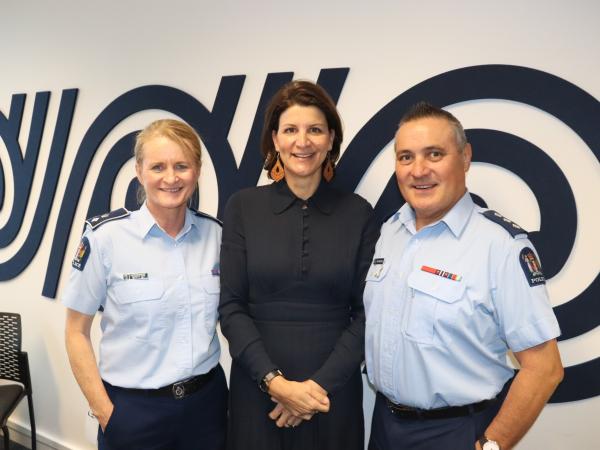 Sam with Eastern District Commander Superintendent Jeanette Park and Gisborne Mayor Rehette Stoltz in September 2022. 
