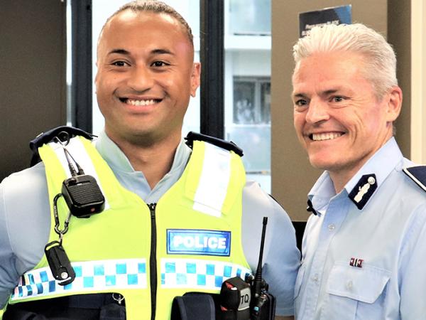 First day in their new roles: Constable Cezanne Lea’atoa and Commissioner Richard Chambers.