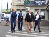 Inspector Maria Nordstrom, Sergeant Kiley Dalbeth and Kaipara Mayor Craig Jepson during a walkabout through Dargaville