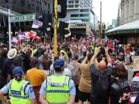 The hikoi at the corner of Willis Street and Lambton Quay